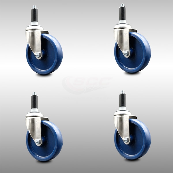 5 Inch 316SS Solid Polyurethane Swivel 1 Inch Expanding Stem Caster Set SCC